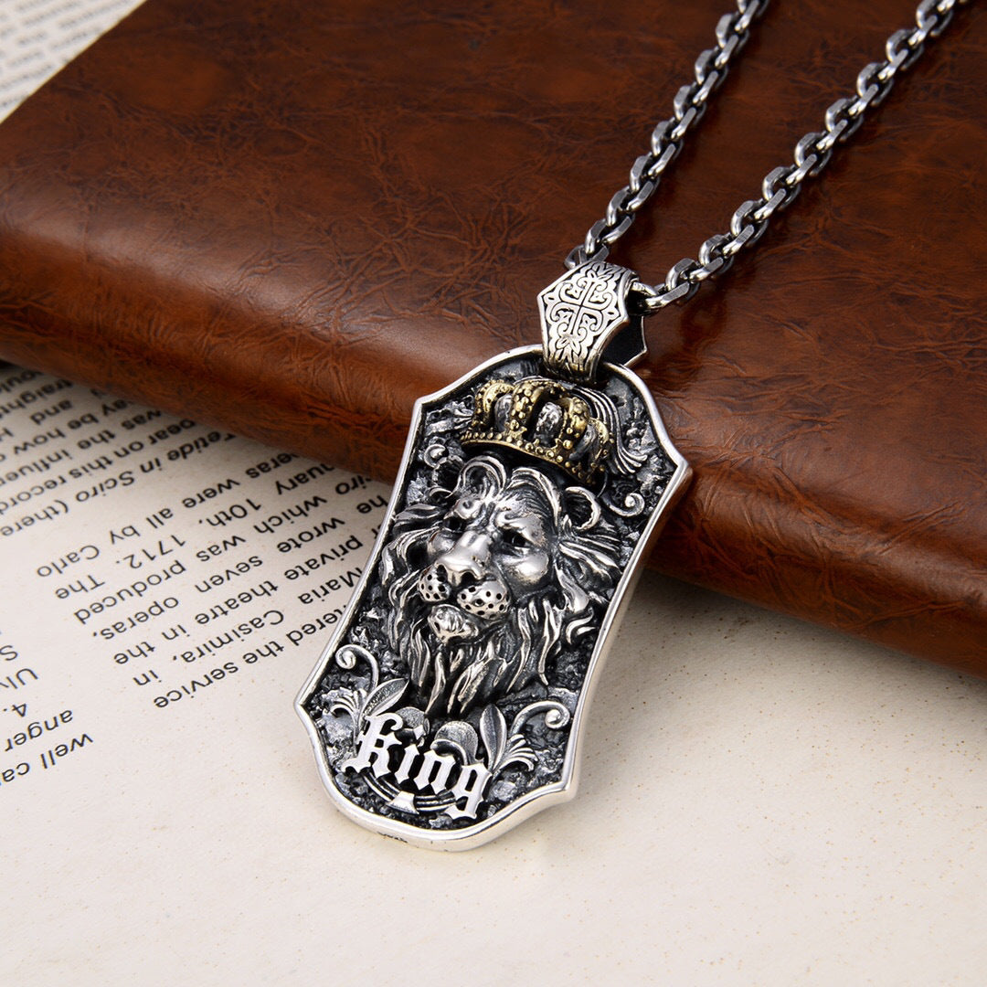 S925 Sterling Silver Thai Silver Necklace Men's Domineering Lion King Pendant