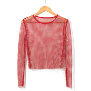 women's mesh rhinestone long sleeve top, view 6 - MRSLM