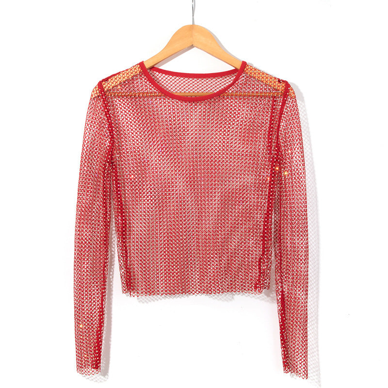 women's mesh rhinestone long sleeve top, view 6 - MRSLM