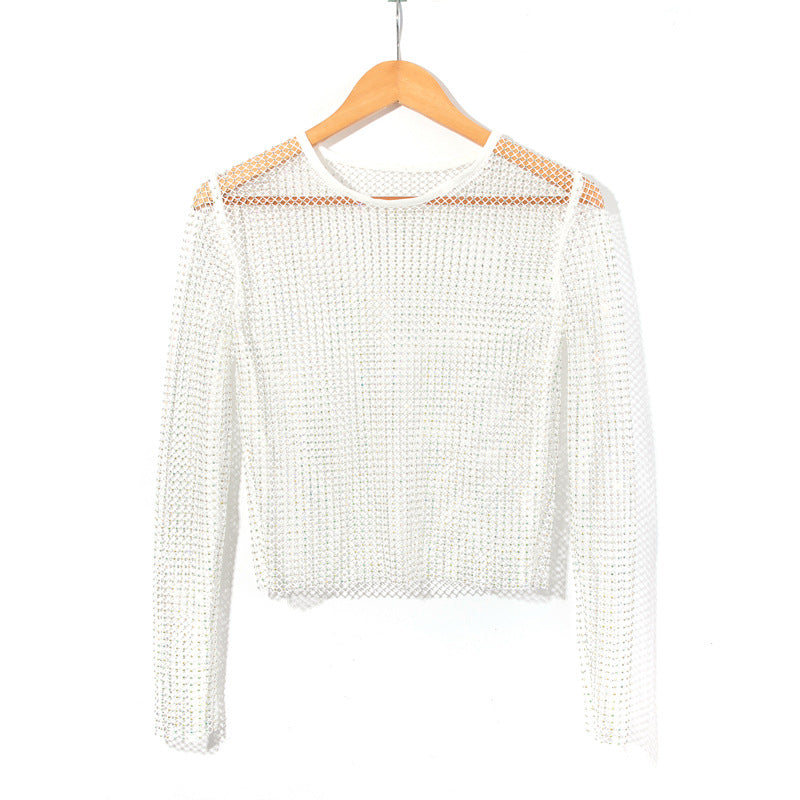 women's mesh rhinestone long sleeve top, view 8 - MRSLM