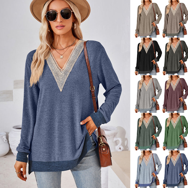 women's v-neck lace trim t-shirt - MRSLM