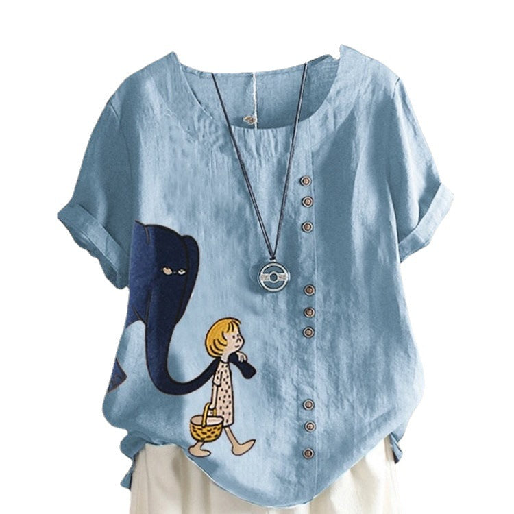 women's cartoon print loose cotton t-shirt, view 2 - MRSLM