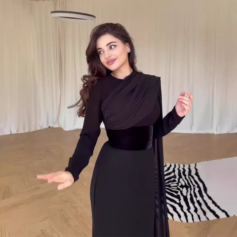 velvet long sleeve shawl dress black, view 4 - MRSLM