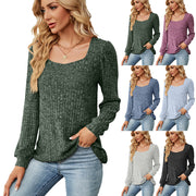 women's ribbed square collar long sleeve top, view 2 - MRSLM