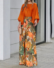 lantern sleeve printed top and wide leg pants set, view 8 - MRSLM