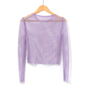 women's mesh rhinestone long sleeve top, view 5 - MRSLM