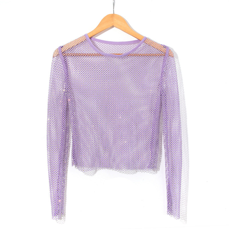 women's mesh rhinestone long sleeve top, view 5 - MRSLM