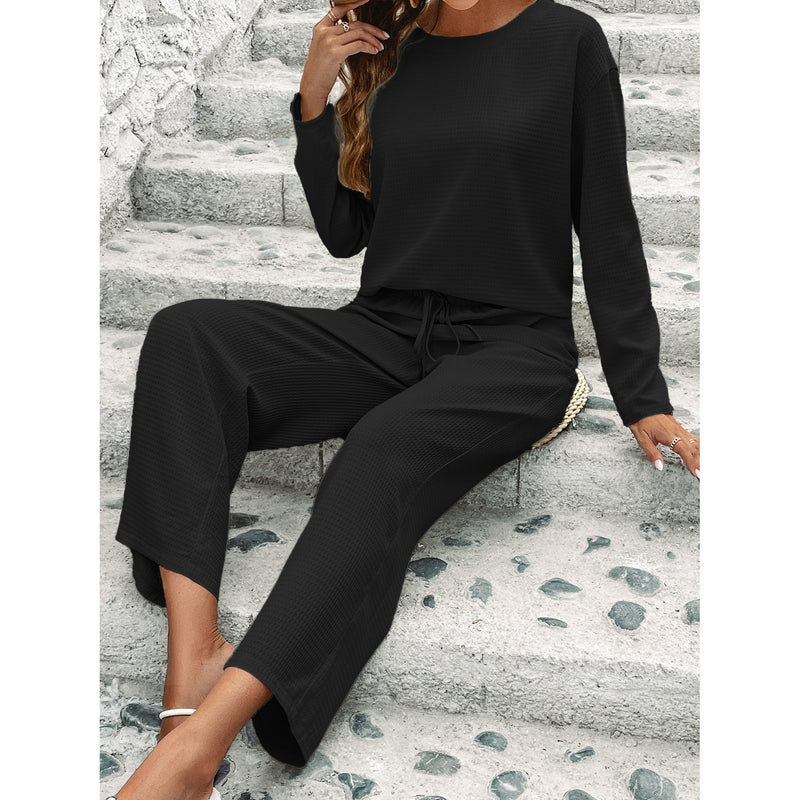 plaid long sleeve lace-up top and pants set, view 9 - MRSLM