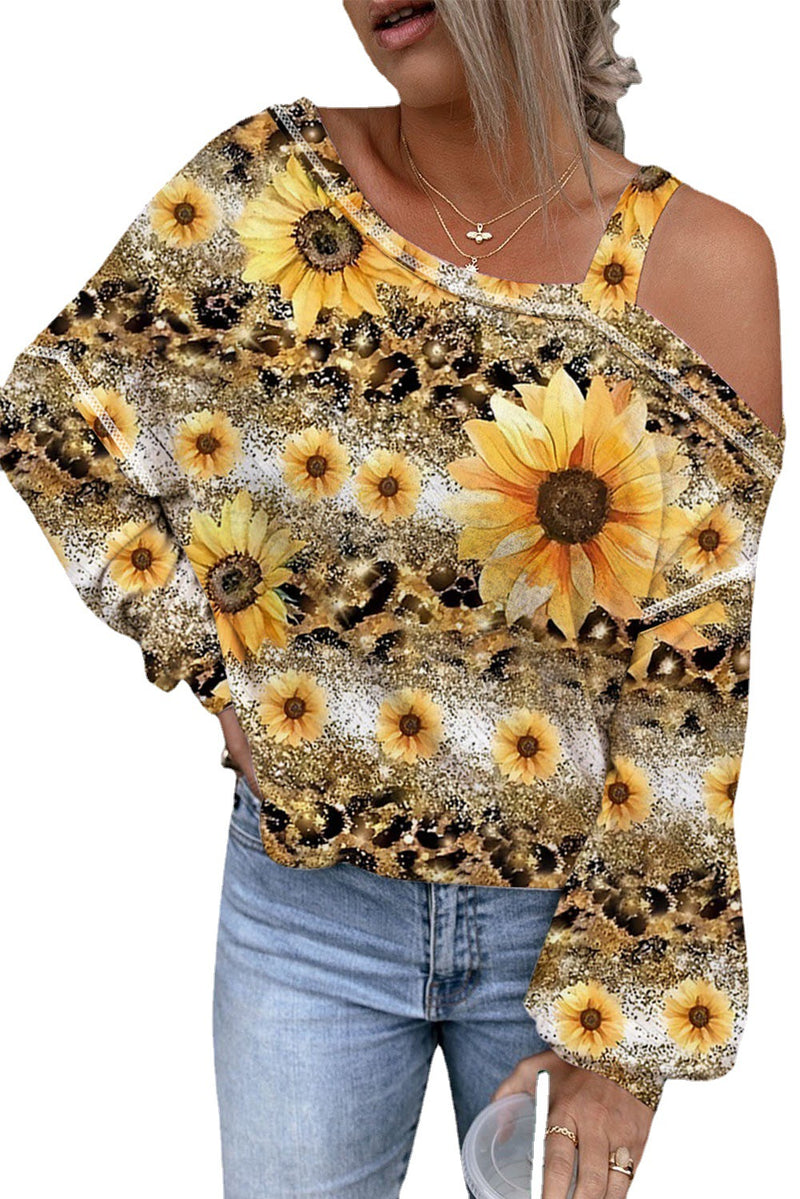 sunflower print one-shoulder loose top, view 2 - MRSLM