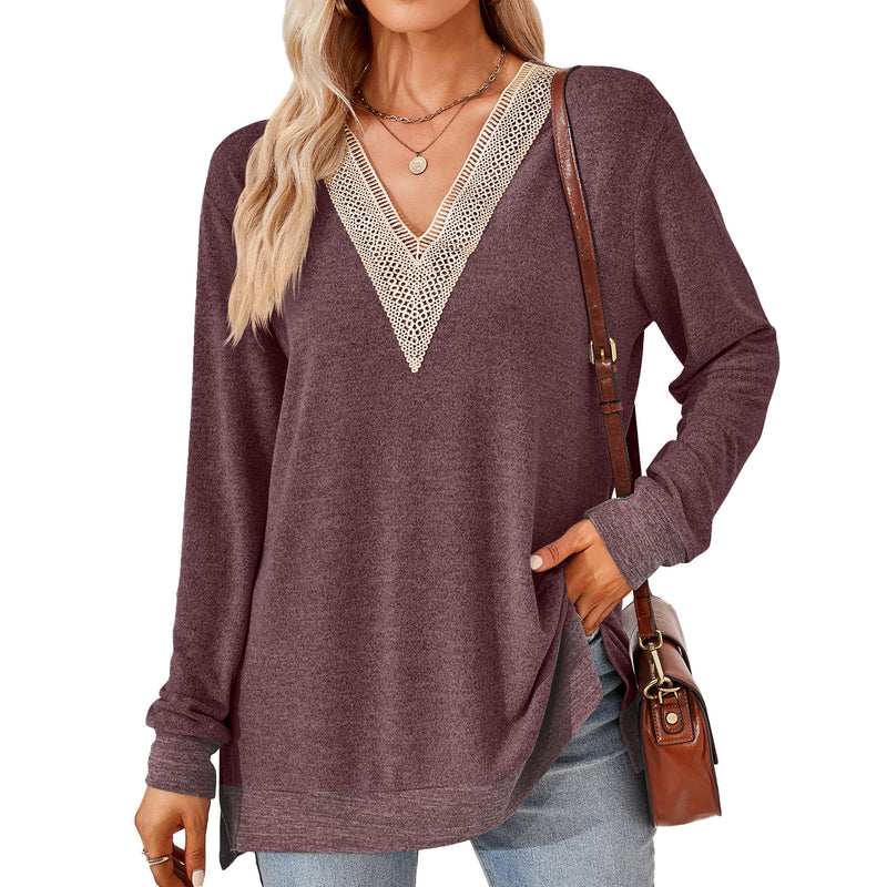 women's v-neck lace trim t-shirt, view 11 - MRSLM