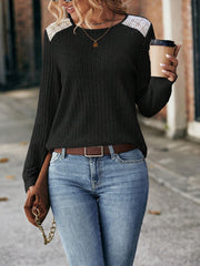 women's brushed stripe lace long sleeve top, view 4 - MRSLM