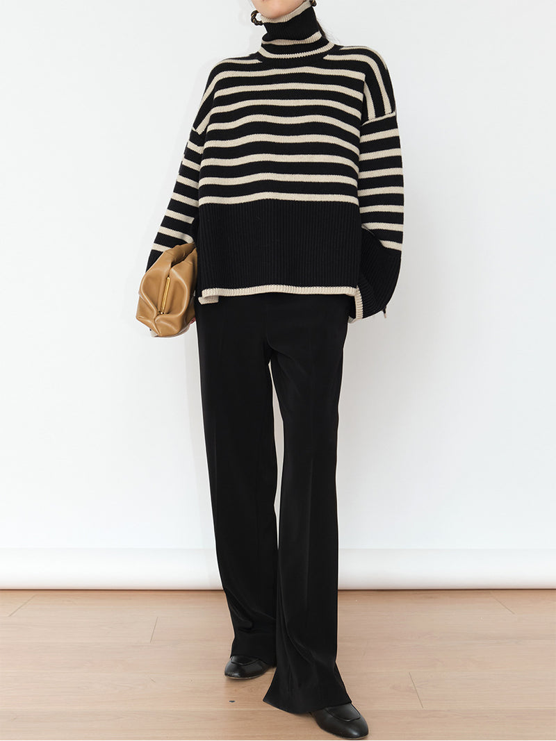 women's loose striped turtleneck sweater, view 8 - MRSLM