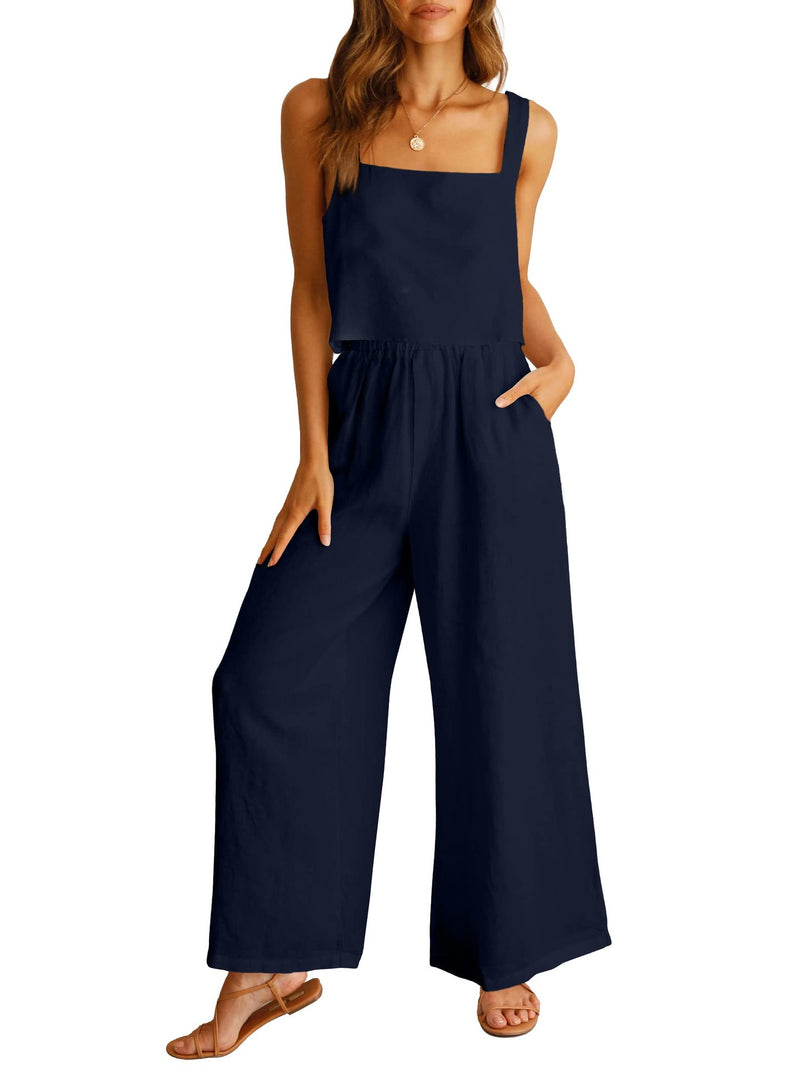 cotton linen camisole and wide leg pants set, view 5 - MRSLM