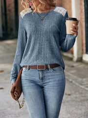 women's brushed stripe lace long sleeve top, view 6 - MRSLM