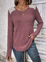 women's brushed stripe lace long sleeve top, view 5 - MRSLM