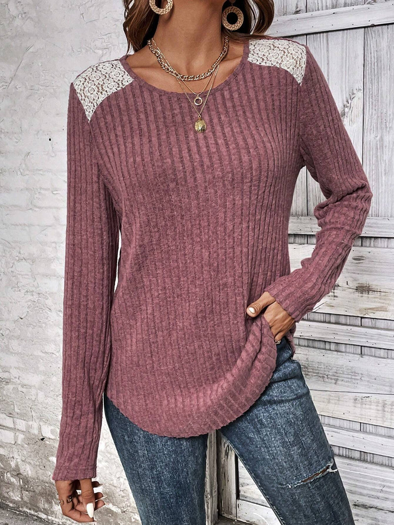 women's brushed stripe lace long sleeve top, view 5 - MRSLM