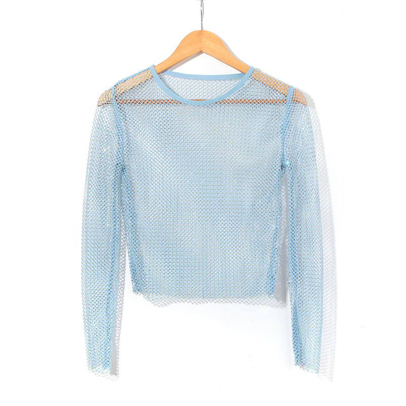 women's mesh rhinestone long sleeve top, view 2 - MRSLM