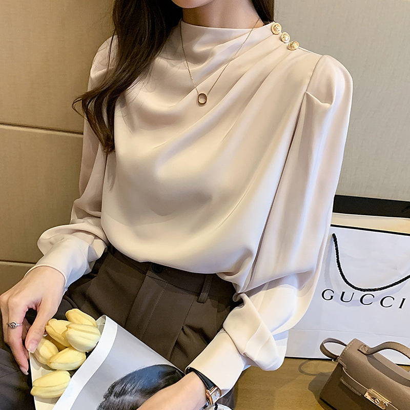 women's stand collar lantern sleeve shirt, view 5 - MRSLM