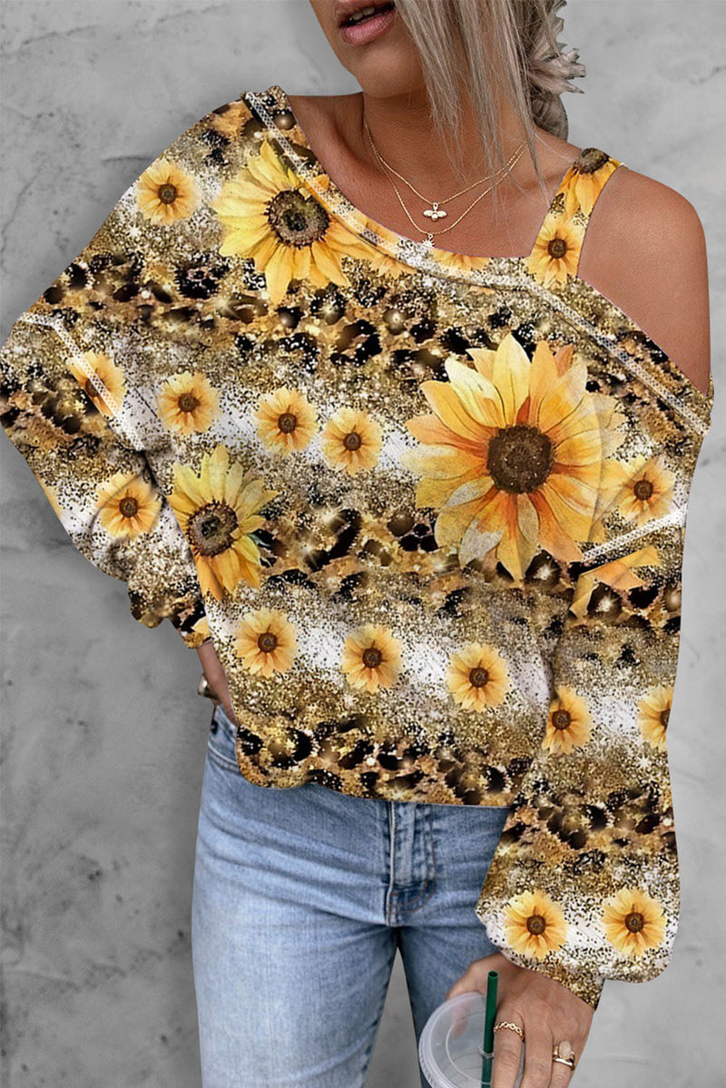 sunflower print one-shoulder loose top, view 3 - MRSLM
