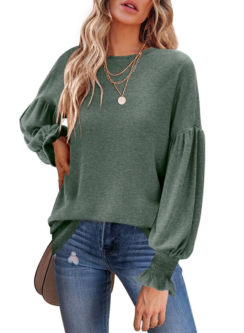 women's pleated lantern sleeve cotton top, view 5 - MRSLM