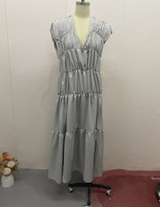round neck pleated dress light gray, view 6 - MRSLM
