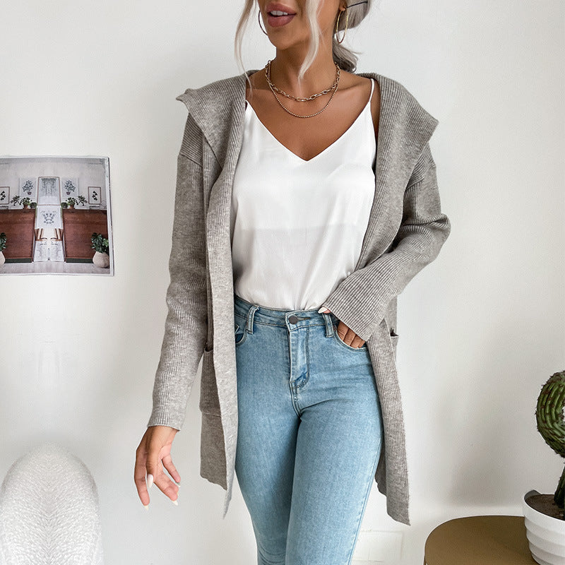 women's sunken stripe knit hooded cardigan, view 7 - MRSLM