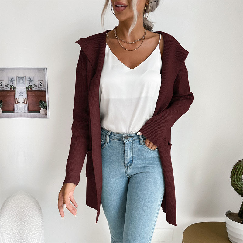 women's sunken stripe knit hooded cardigan, view 11 - MRSLM