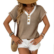 V-neck short sleeve knitted top with buttons, view 11 - MRSLM