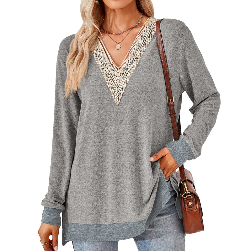 women's v-neck lace trim t-shirt, view 4 - MRSLM