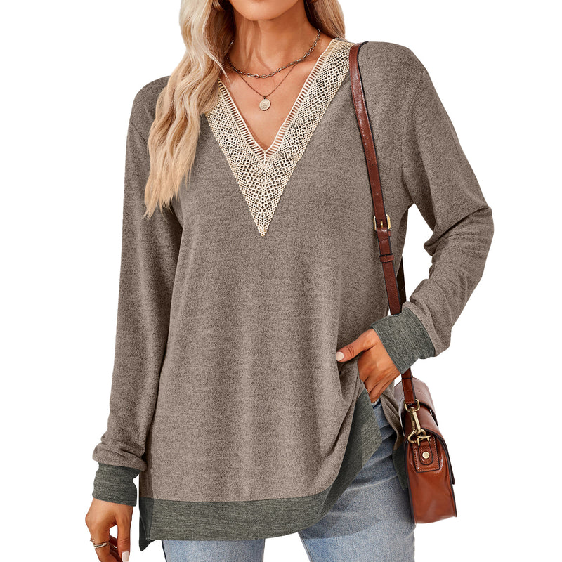 women's v-neck lace trim t-shirt, view 5 - MRSLM