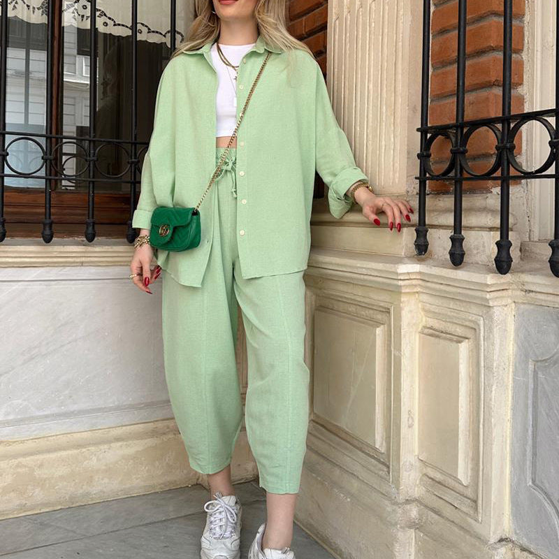 Casual Loose Shirt and High Waist Skinny Pants Two-piece Set