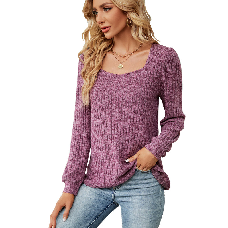 women's ribbed square collar long sleeve top, view 7 - MRSLM