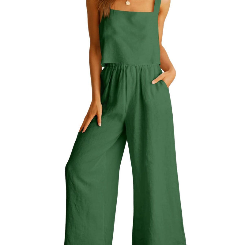cotton linen camisole and wide leg pants set, view 2 - MRSLM
