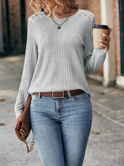 women's brushed stripe lace long sleeve top, view 3 - MRSLM