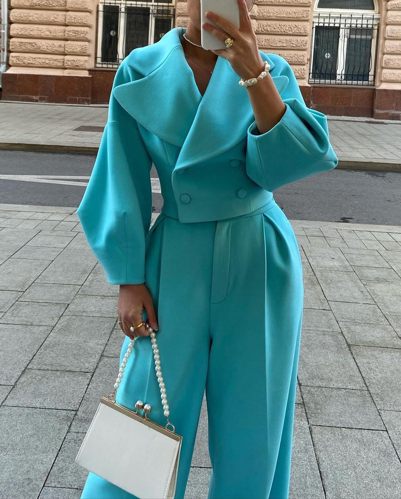 lantern sleeve large lapel coat and pants suit, view 2 - MRSLM
