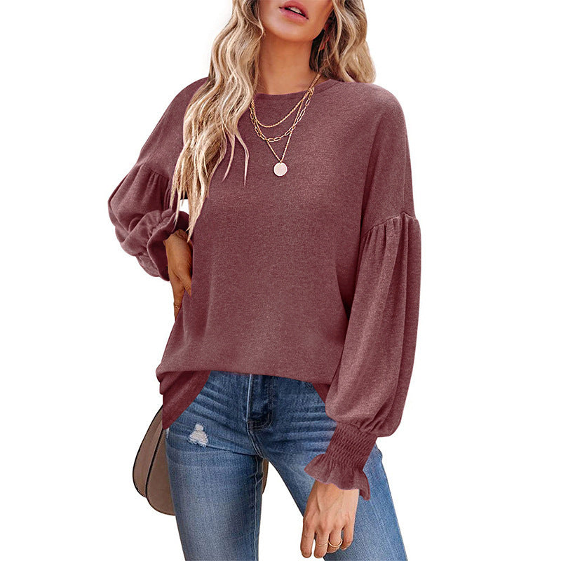 women's pleated lantern sleeve cotton top, view 7 - MRSLM