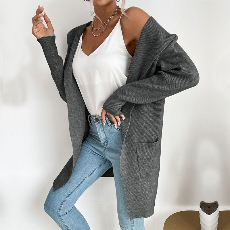 women's sunken stripe knit hooded cardigan, view 6 - MRSLM