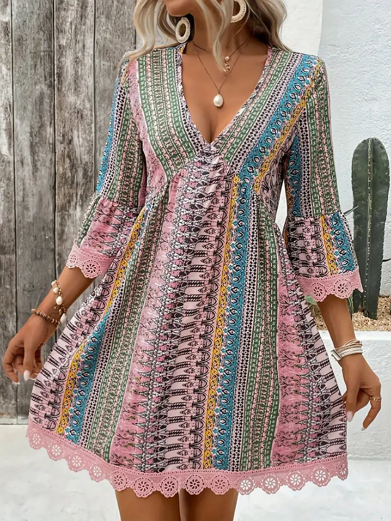 v-neck printed casual loose dress, view 7 - MRSLM