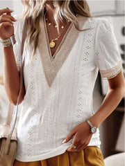 women's v-neck lace puff sleeve top, view 6 - MRSLM