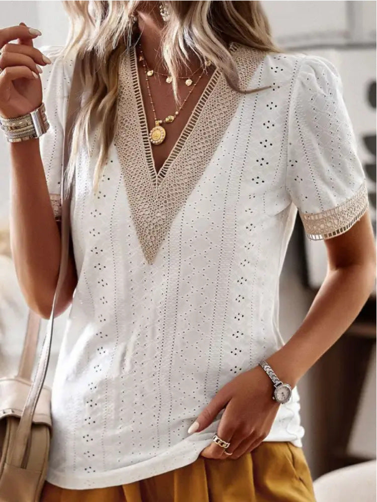 women's v-neck lace puff sleeve top, view 6 - MRSLM