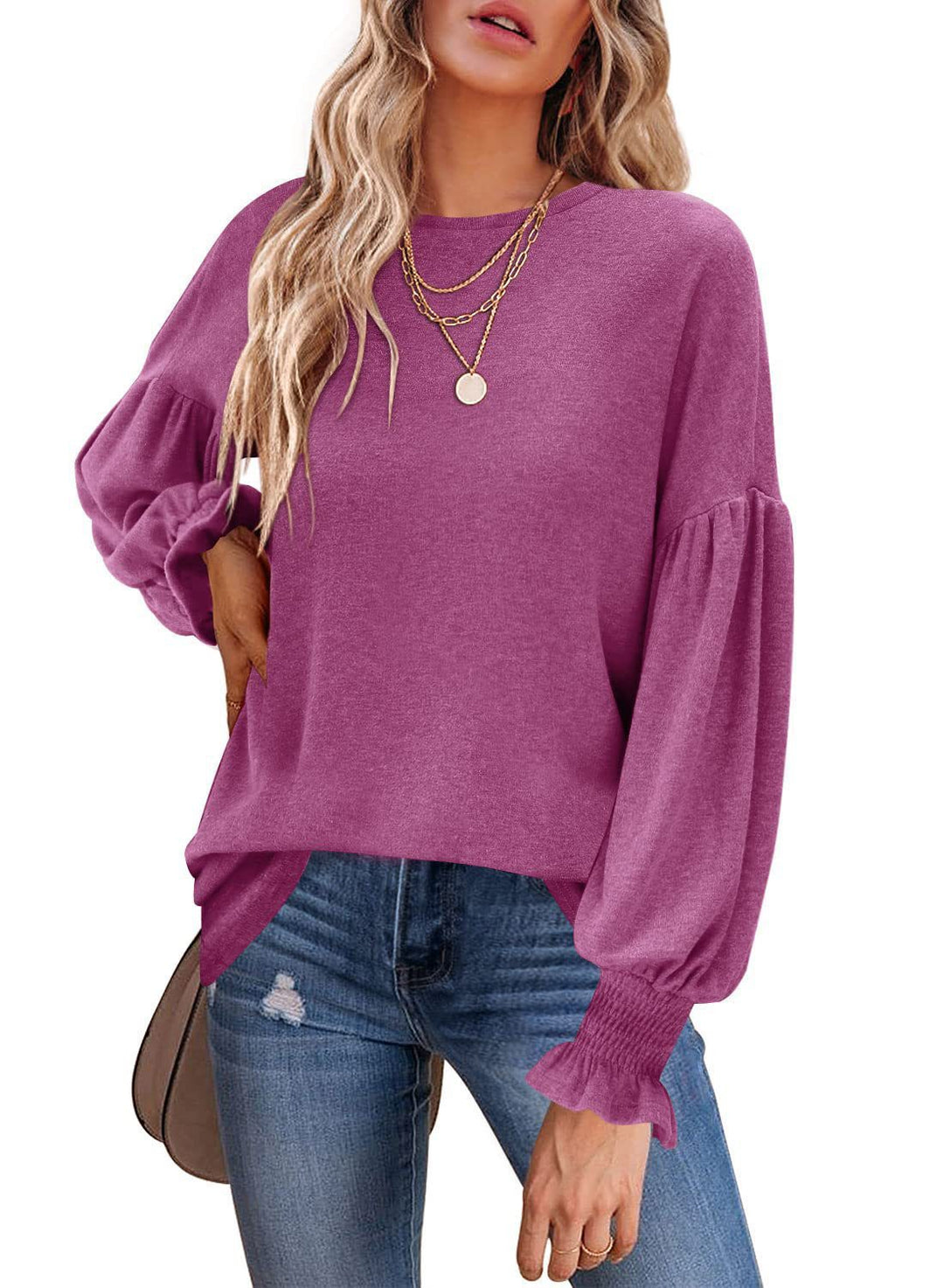 Women's Top Round Neck Pleated Lantern Sleeve