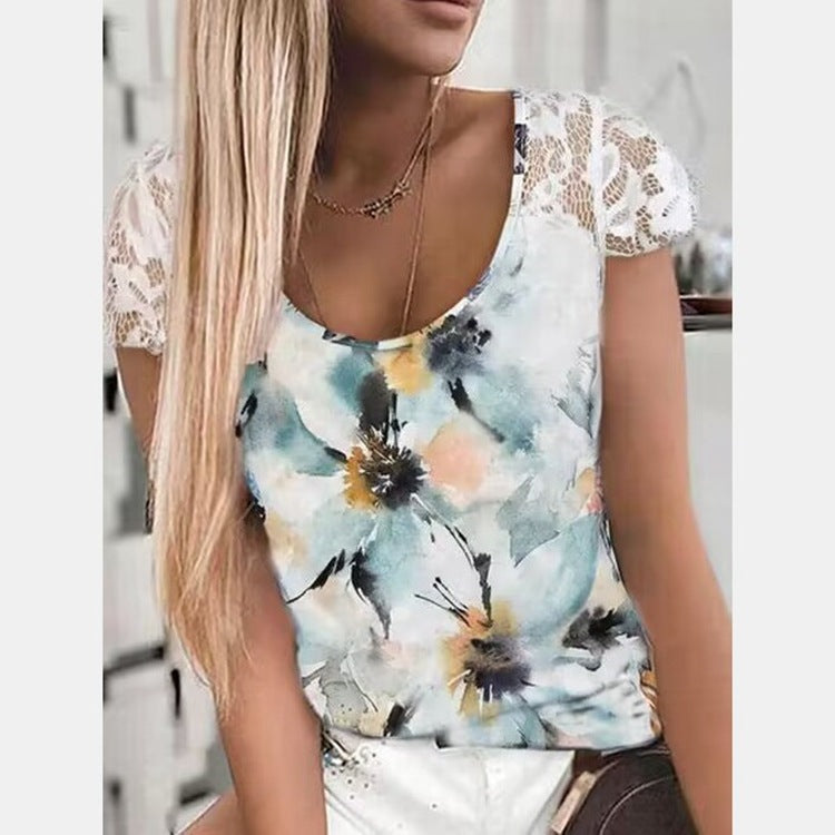 women's lace trim printed short sleeve t-shirt - MRSLM