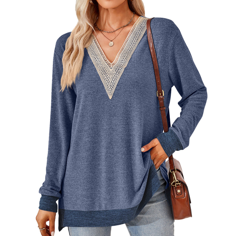 women's v-neck lace trim t-shirt, view 8 - MRSLM