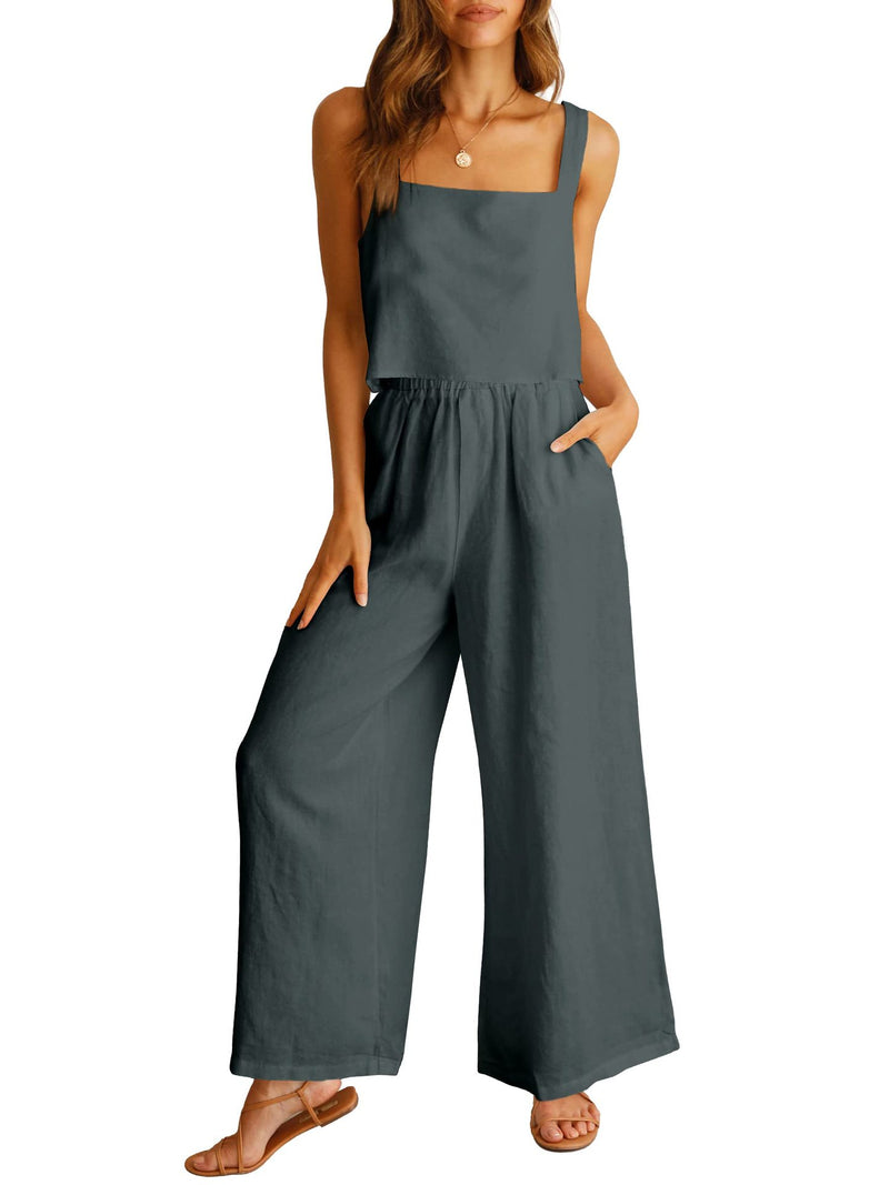 cotton linen camisole and wide leg pants set, view 10 - MRSLM