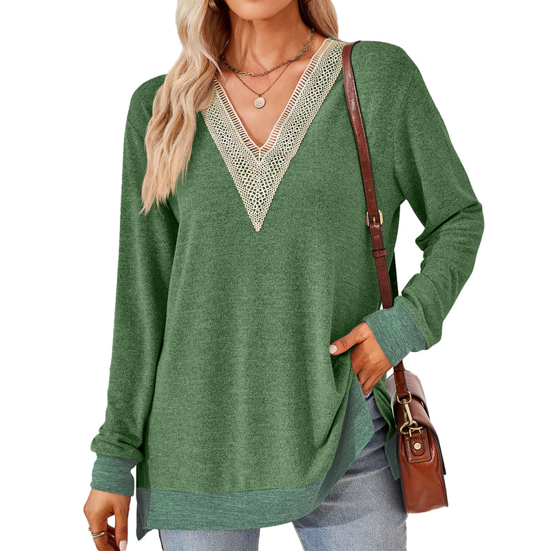 women's v-neck lace trim t-shirt, view 10 - MRSLM
