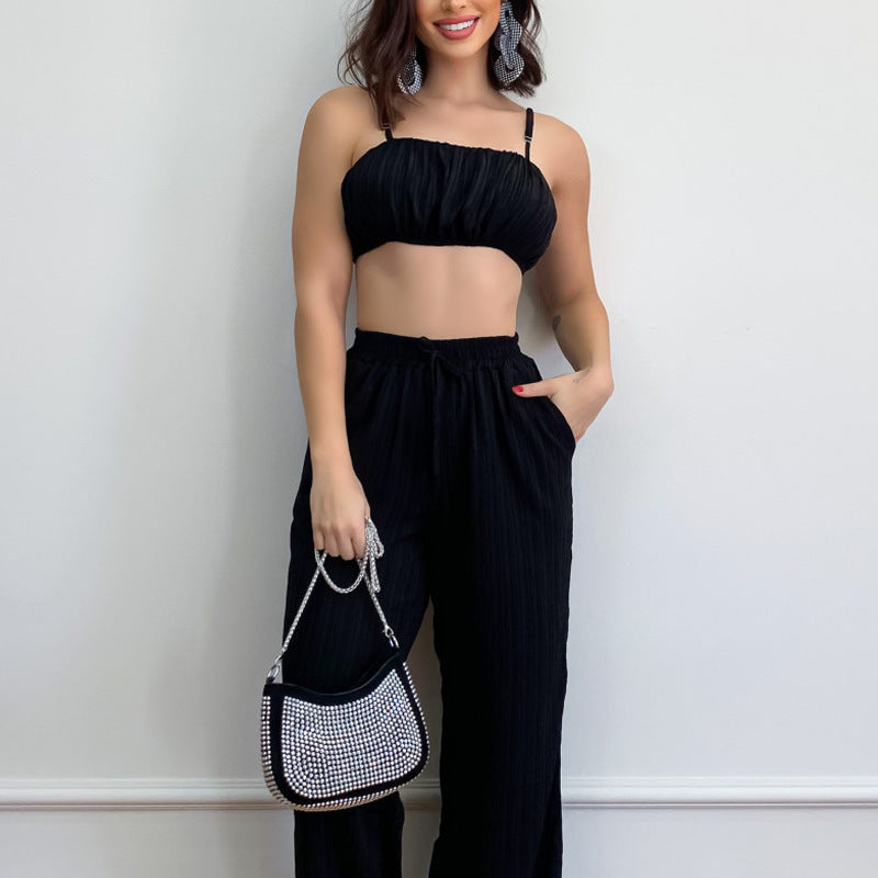 women's suspender top and pleated pants set, view 2 - MRSLM