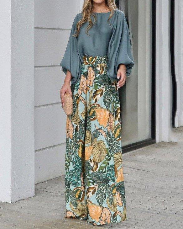 Women's Fashion Lantern Sleeve Printed Top Wide Leg Pants Two-piece Set