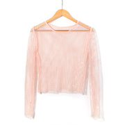 women's mesh rhinestone long sleeve top, view 3 - MRSLM