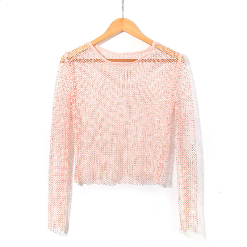 women's mesh rhinestone long sleeve top, view 3 - MRSLM