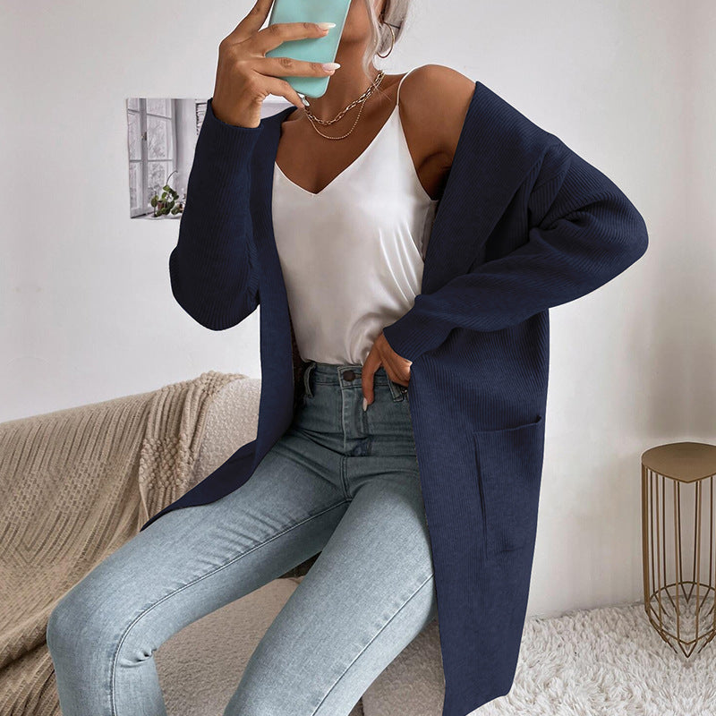 women's sunken stripe knit hooded cardigan, view 5 - MRSLM